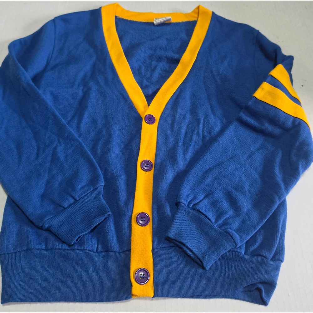 Vintage Di Vincent Blue Yellow Varsity Cardigan Sweater Kids M 12-14 USA Made